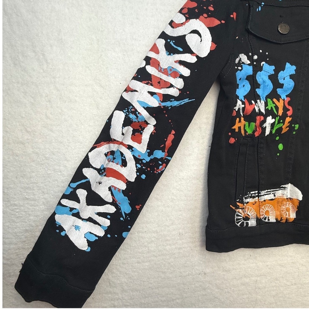 Akademiks Jean Jacket Black Y2K Graffiti Denim Jacket Street Size L 14/16 - Picture 9 of 14